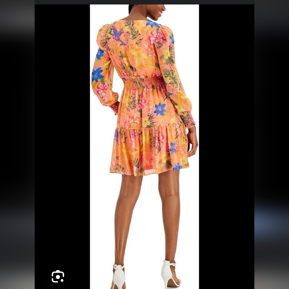 Anne Klein Floral Dress Sz 14 Women Long Sleeve Tiered Smocked Waist Fit Flare